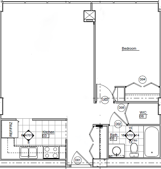 Floor plan for 1 bed, 1 bath, 566 sqft